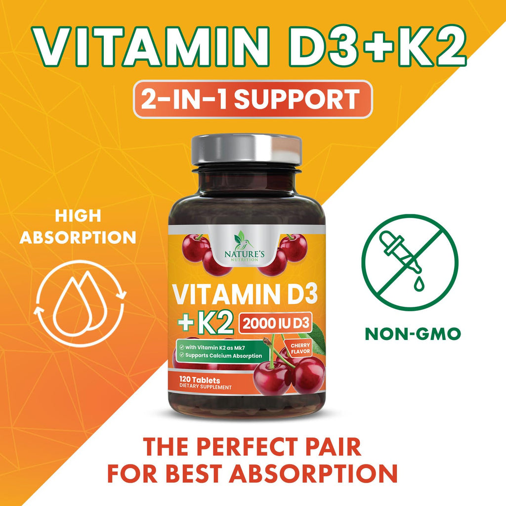 Vitamin D3 2000 IU 50mcg Per Serving - Vitamins D & K2 (MK7) Complex Supplement for Bone, Teeth, Muscle, Calcium Absorption, Supports Immune & Heart Health, Chewable Formula USA Bottled - 120 Tablets