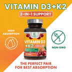 Vitamin D3 2000 IU 50mcg Per Serving - Vitamins D & K2 (MK7) Complex Supplement for Bone, Teeth, Muscle, Calcium Absorption, Supports Immune & Heart Health, Chewable Formula USA Bottled - 120 Tablets