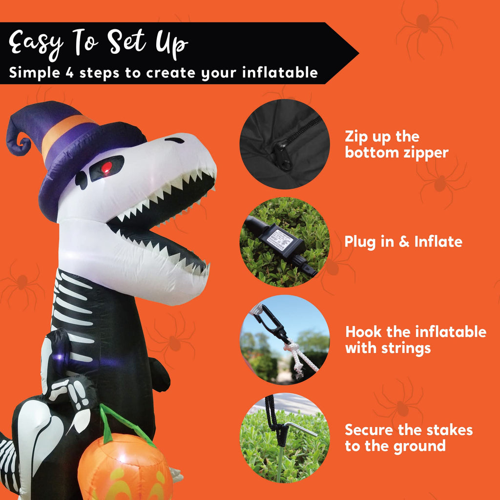Joiedomi 8 FT Halloween Inflatable Skeleton Dinosaur with Pumpkin & Built-in LEDs, Halloween Blow Up Yard Decorations, Lighted Outdoor Dinosaur Skeleton for Garden, Lawn, Patio & Holiday Outside Decor