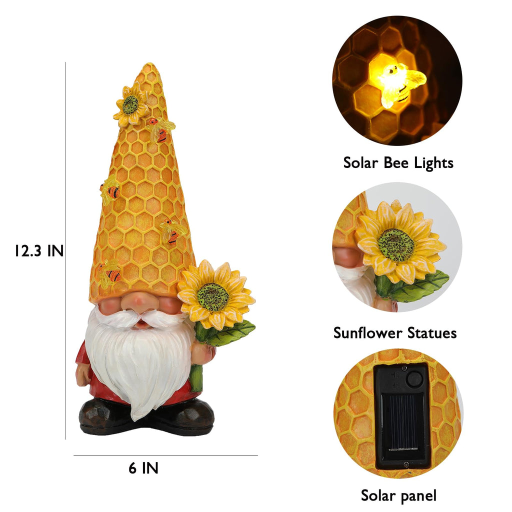 REYISO 12.3'' Sunflower Garden Gnomes Statue with Solar Bee Lights
