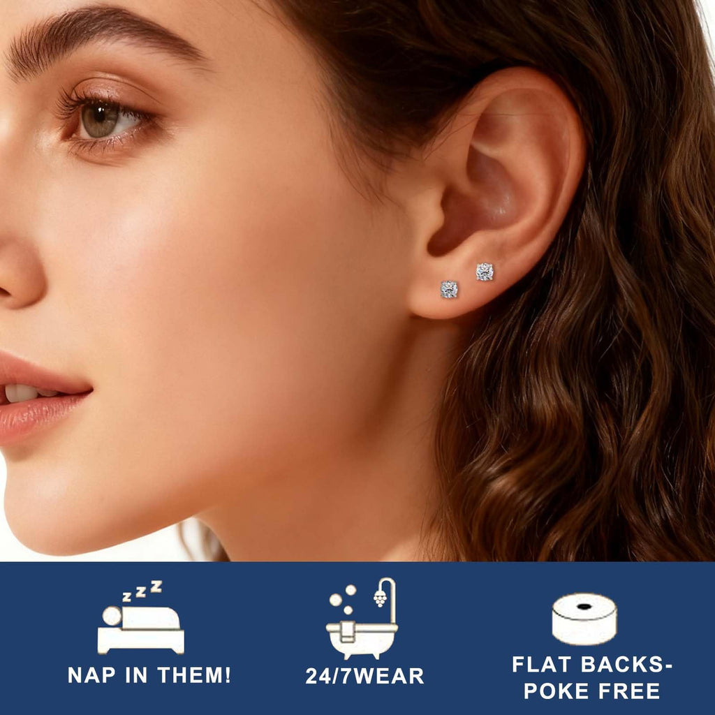 3 Pairs Moissanite Stud Earrings for Women Men S925 Sterling Silver Flat Back Earring D Color VVS1 Moissanite Cartilage Jewelry Set (Silver)