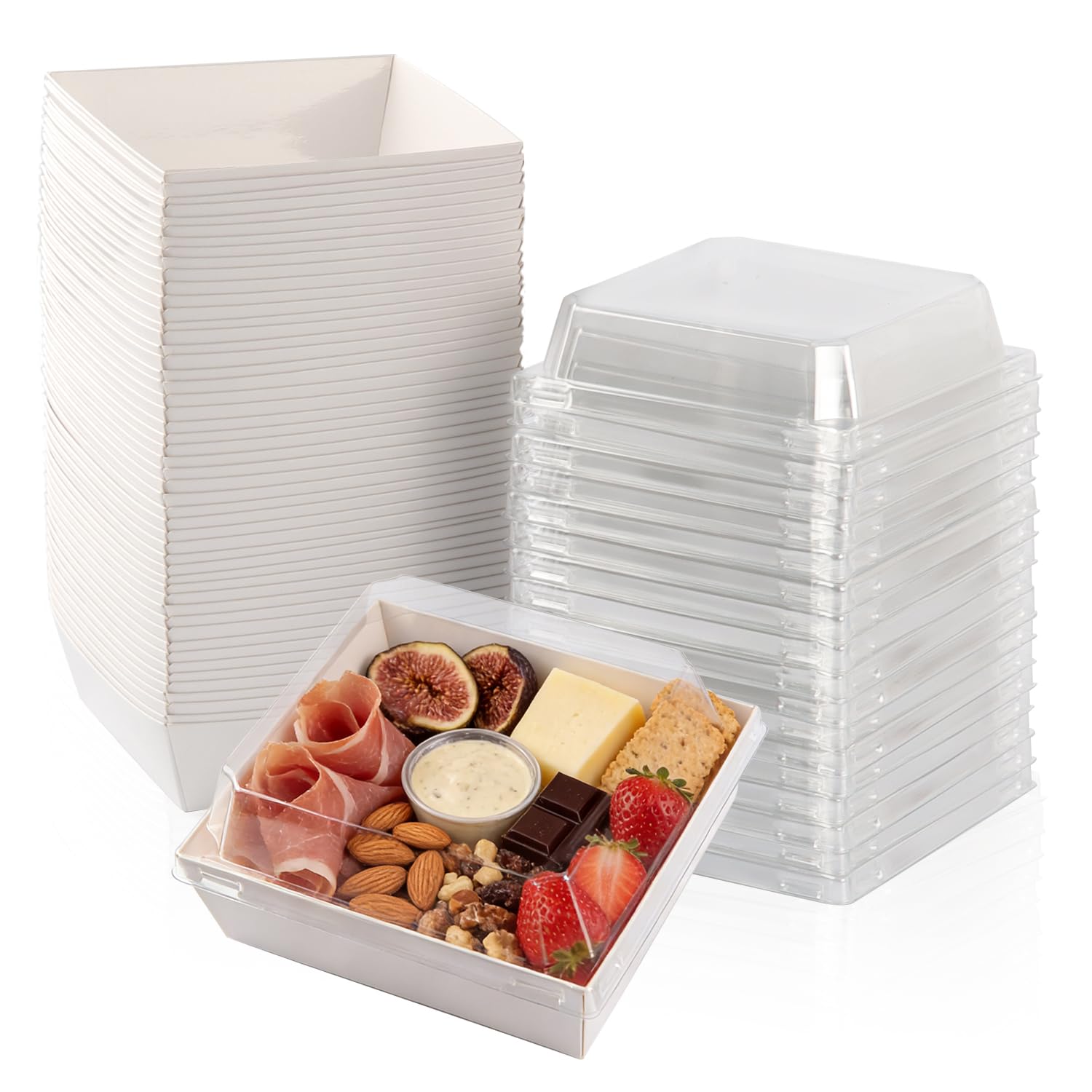 BUIYLV 50 Pack Charcuterie Boxes with Clear Lids, 4 Inches White Dessert Boxes To Go Disposable Mini Charcuterie Boxes for Cookie, Sandwich, Strawberry, Cupcake, Macaron, Cake Slice