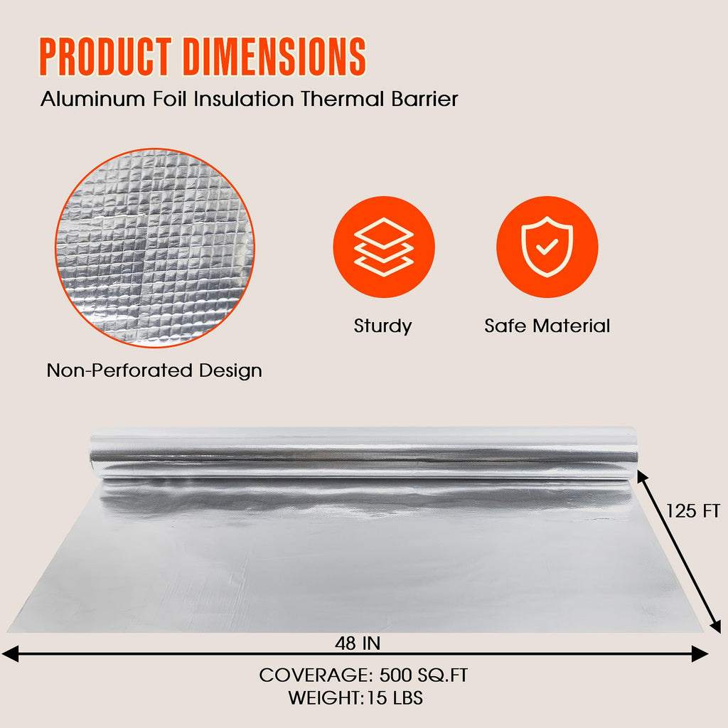 ZXQDRE Sauna Foil Vapor Barrier, 500 sqft Aluminum Insulation Roll Heavy-Duty Non-Perforated Reflective Thermal Barrier for Energy Efficient Sauna, Attic, Garage and Crawl Space (4FT x 125FT)
