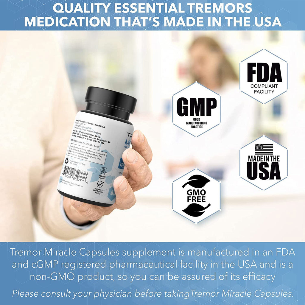 Real Science Tremor Miracle Capsules – Tremor Relief Supplement and Hand Tremor Aids for Adults – with TremorStop Blend, GABA, and Vitamins for Neurotransmission Support – Made in USA, 60 Caps