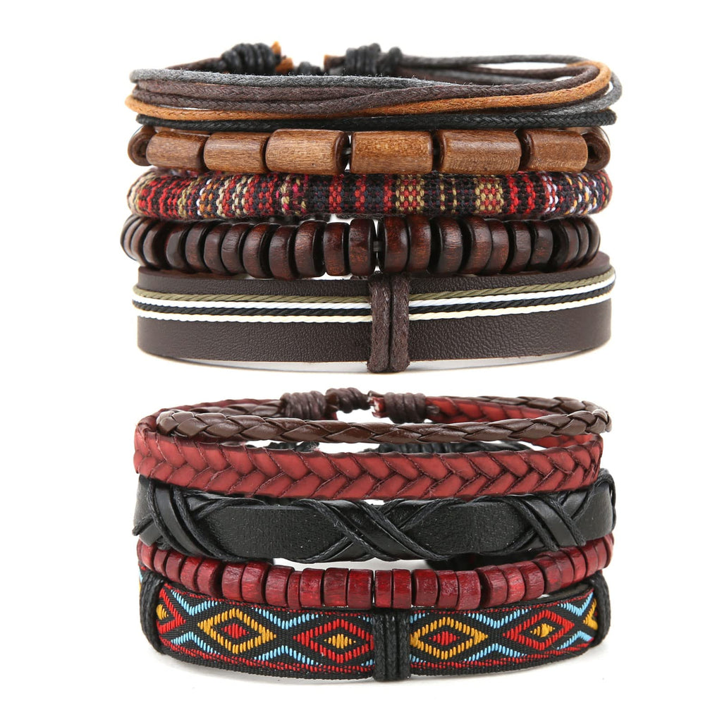HZMAN Handmade Hemp Cords Wood Beads Leather Bracelets for Men Women