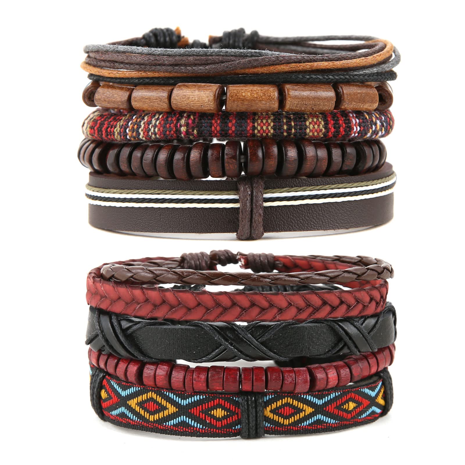 HZMAN Handmade Hemp Cords Wood Beads Leather Bracelets for Men Women