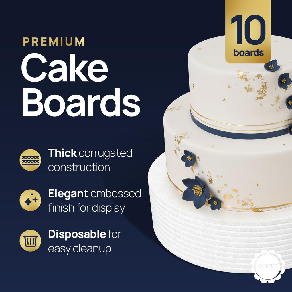 O'CREME Round Cake Drum Board 10 Inch White Wraparound 1/4 Thick