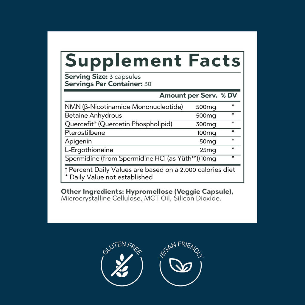 Revive MD Longevity Restore, NMN 500mg Supplement with Spermidine, Pterostilbene, TMG, Quercefit & L-Ergothioneine, NAD+ Support, Sirtuin Activation, Autophagy & Methylation Protection, 30 Servings