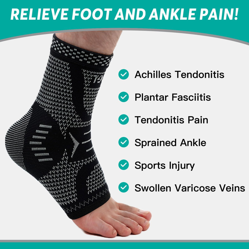 INDEEMAX Ankle Brace Compression Sleeve for Women & Men, Ankle Support Copper Infused Ankle Brace for Sprained Ankle, Plantar Fasciitis Sports, Achilles Tendonitis Pain Relief, Sliver Black, S