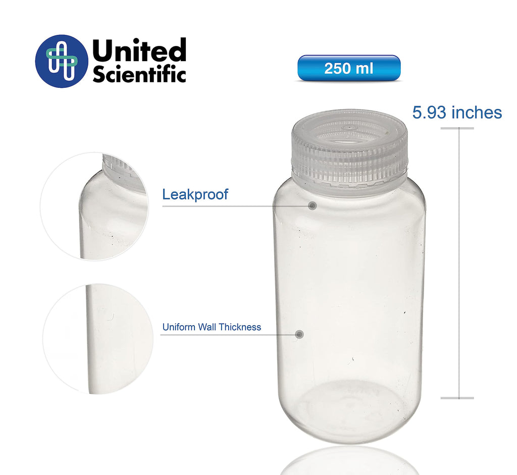 United Scientific™ Sample Bottles with Lids, Polypropylene, 250ml, 12-Pack