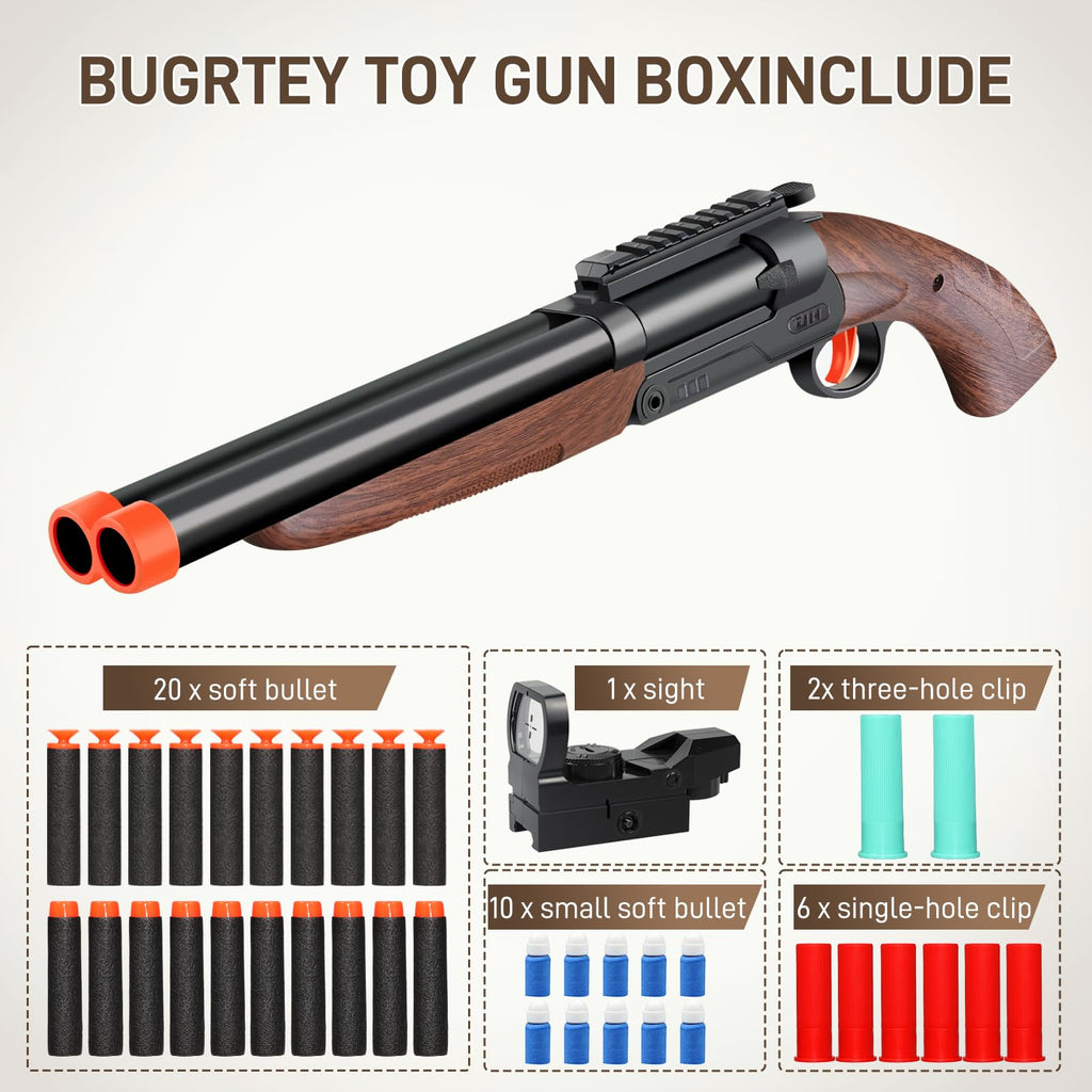 Bugrtey Double-barreled Toy Gun - Two Modes Realistic Soft Bullet Toy Guns Blaster with Sight - Educational Shooting Toy Shotgun - Ideas Gifts for Christmas Birthday Halloween Present