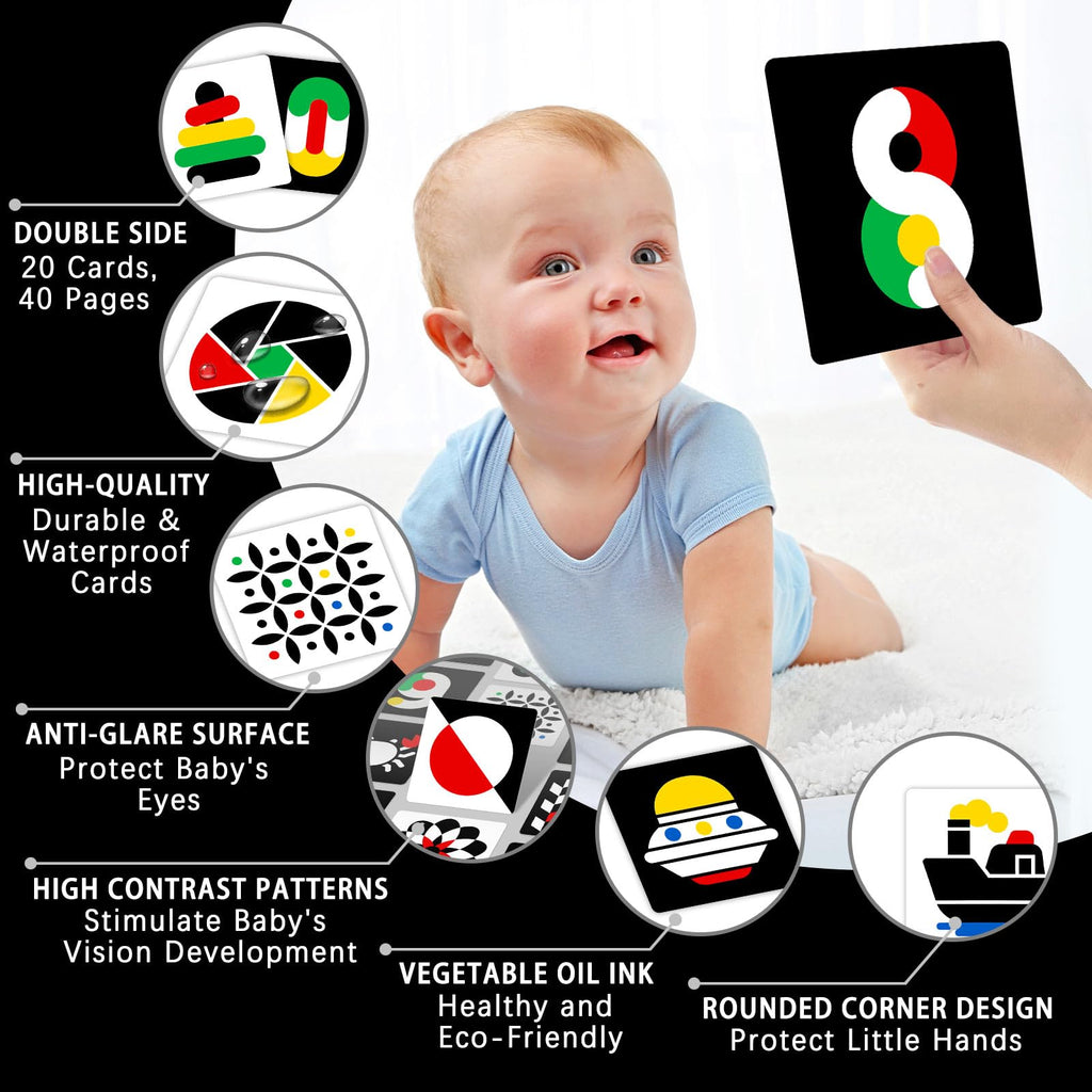 High Contrast Baby Flashcards, Black White Baby Cards with Red Yellow Blue Newborn Toys for Infants Visual Stimulation Brain Sensory Development 20 Pcs 40 Pages 5.7'' x 5.7''(3-6 Months)