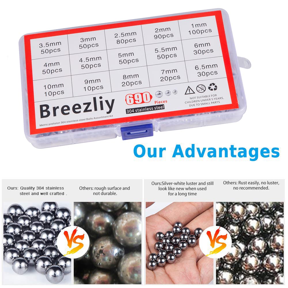 Breezliy 690 Piece 1-10mm 15 Sizes Metric Precision 304 Stainless Steel Assorted Loose Bicycle Bearing Steel Ball Assortment Kit