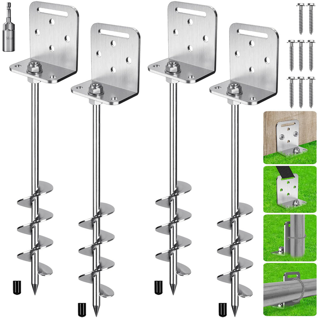 Insaga 24" Ground Anchors Screw in, 4 Pack Trampoline Anchors with L Bracket – Spiral Heavy Duty Earth Anchor for Shed, Swing Set, Mobile Home, Tent, Carport, Gazebo, Canopy, Playground, Playset