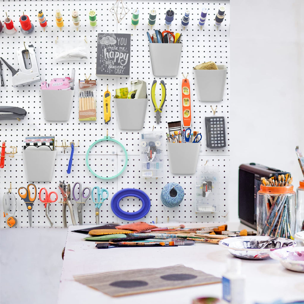 G.CORE Large Pegboard Cups Peg Board Storage Bin 6 Pack with Hooks, Square Box Shape Pegboard Cup Holder Accessories for Garage Workbench/Craft Room/Office/Playroom/Home Kitchen Organization (Grey)