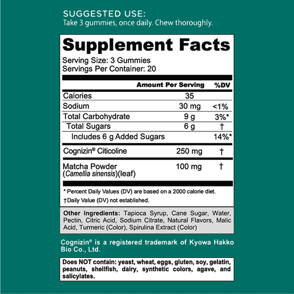 Goli Matcha Mind Gummies - 180 Count - Green Tea Leaves Powder with Cognizin for Focus, Attention and Brain Health, Vegan, Non-GMO, Gluten-Free & Gelatin Free.