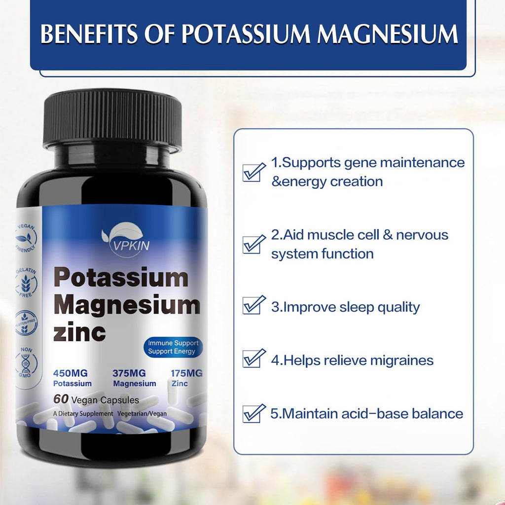 Potassium Magnesium Supplement 1000mg,Magnesium Potassium Zinc for Leg Cramps,High Absorption Magnesium Complex,Vegan (60 Capsules)