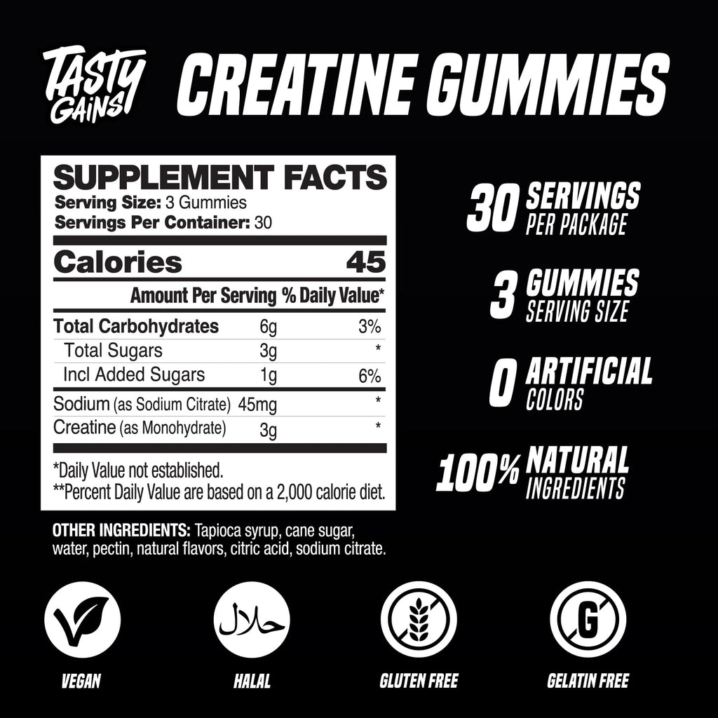 TASTY GAINS Creatine Gummies, 90g of Creatine, Non-GMO, Vegan - Build Muscle & Boost Strength for Men & Women (1g Creatine Monohydrate Per Gummy) Made in USA (90, Sour Watermelon)