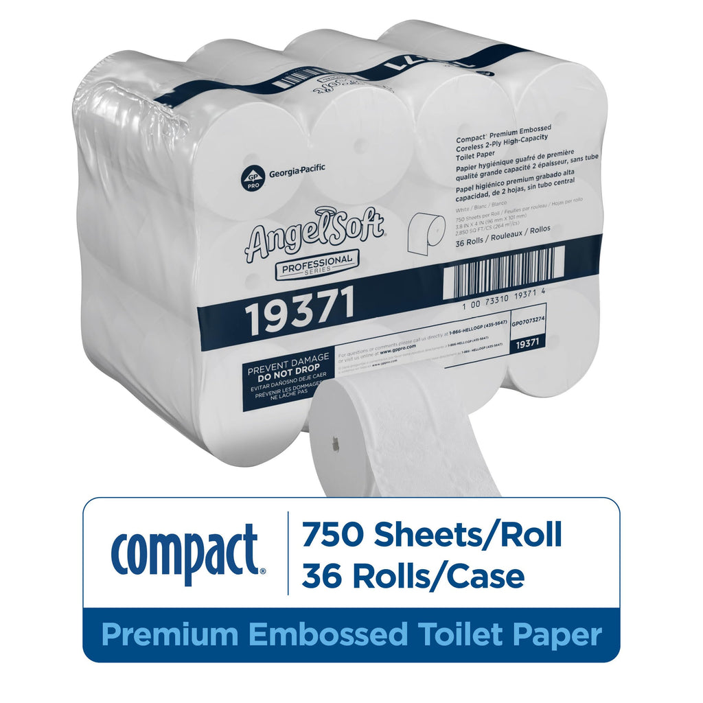 Angel Soft Professional Series Compact Premium Embossed Coreless 2-Ply High-Capacity Toilet Paper by GP PRO, White, 19371, 750 Sheets Per Roll, 36 Rolls Per Case