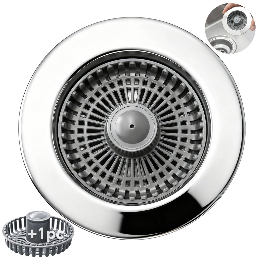 Blazeavian Solid Brass Body 3-in-1 Kitchen Sink Drain Strainer & Stopper, Heavy Duty Pop Up Plug Assembly with 2 Baskets, Anti-Clog Replacement for US Standard 3-1/2 Inch Drains, Rust-Proof Silver