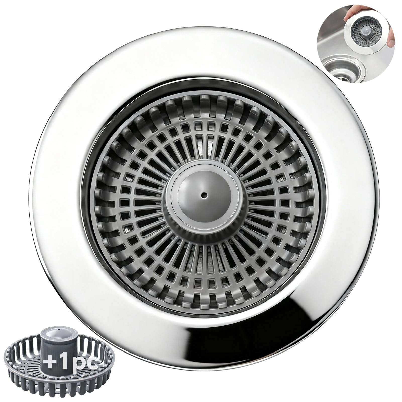Blazeavian Solid Brass Body 3-in-1 Kitchen Sink Drain Strainer & Stopper, Heavy Duty Pop Up Plug Assembly with 2 Baskets, Anti-Clog Replacement for US Standard 3-1/2 Inch Drains, Rust-Proof Silver