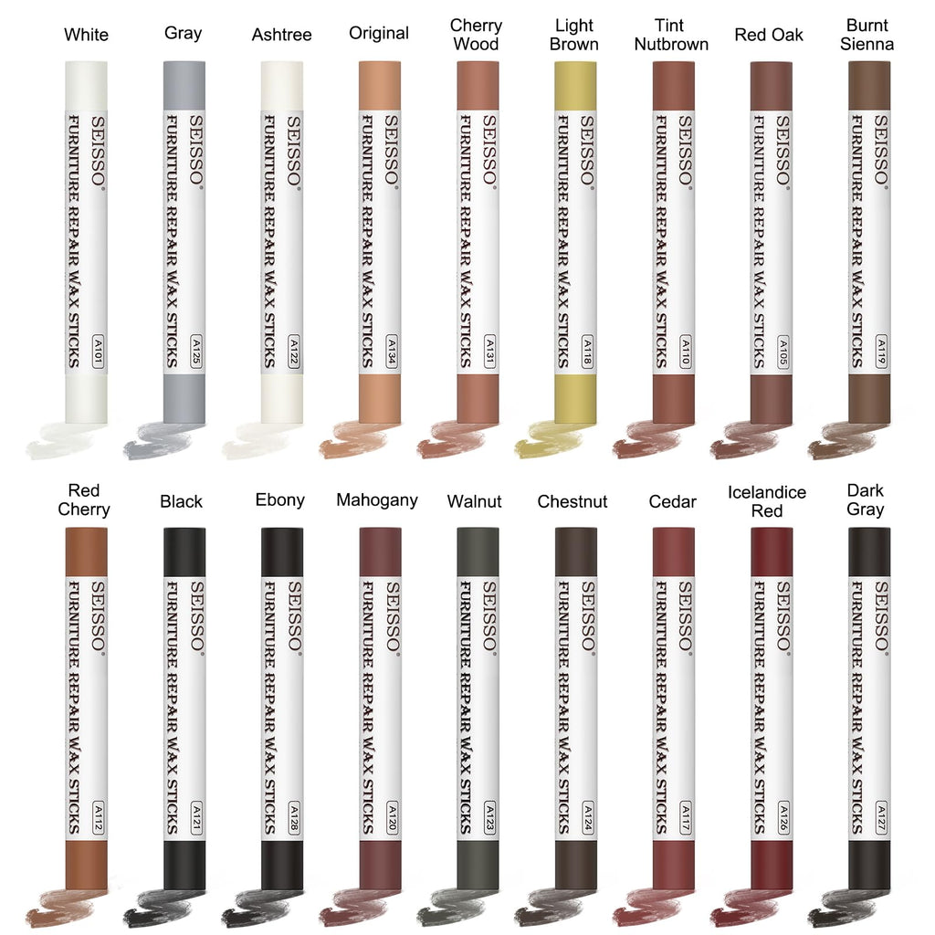 Wood Filler Sticks, 18 Colors Wood Wax Crayons, SEISSO Furniture Repair Scratch Wax Stick Pen kit for Touch Ups Scratches, Scuffs, Cracks, Nail Holes of Hardwood Floors, Cabinets, Tables, Doors