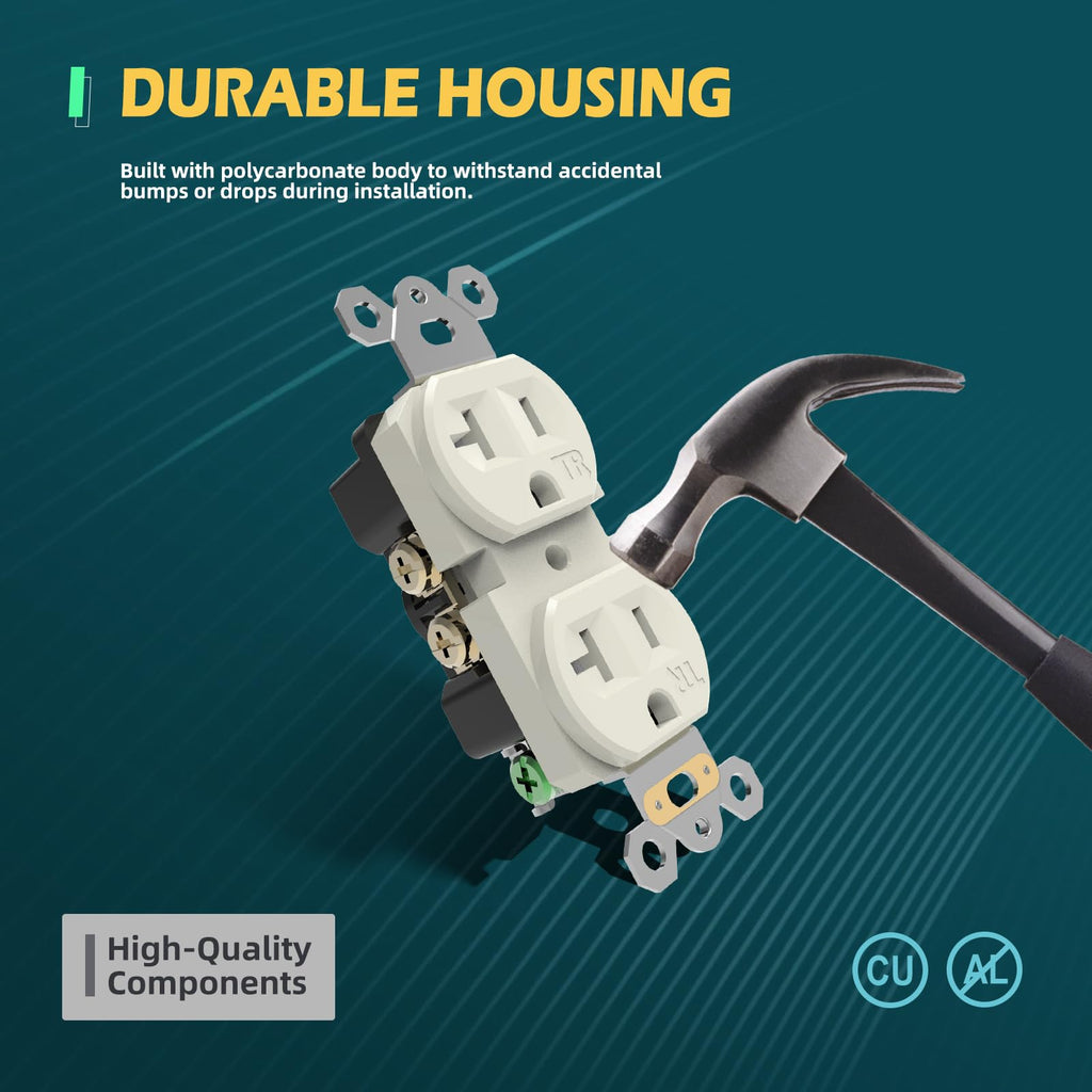 TOPELER 10 Pack Wall Electrical Outlets, Duplex Tamper-Resistant Receptacle Outlet, 20Amp 125V, 3-Wire, Self-Grounding, Push & Side Wire Wall Socket, UL Listed, Light Almond