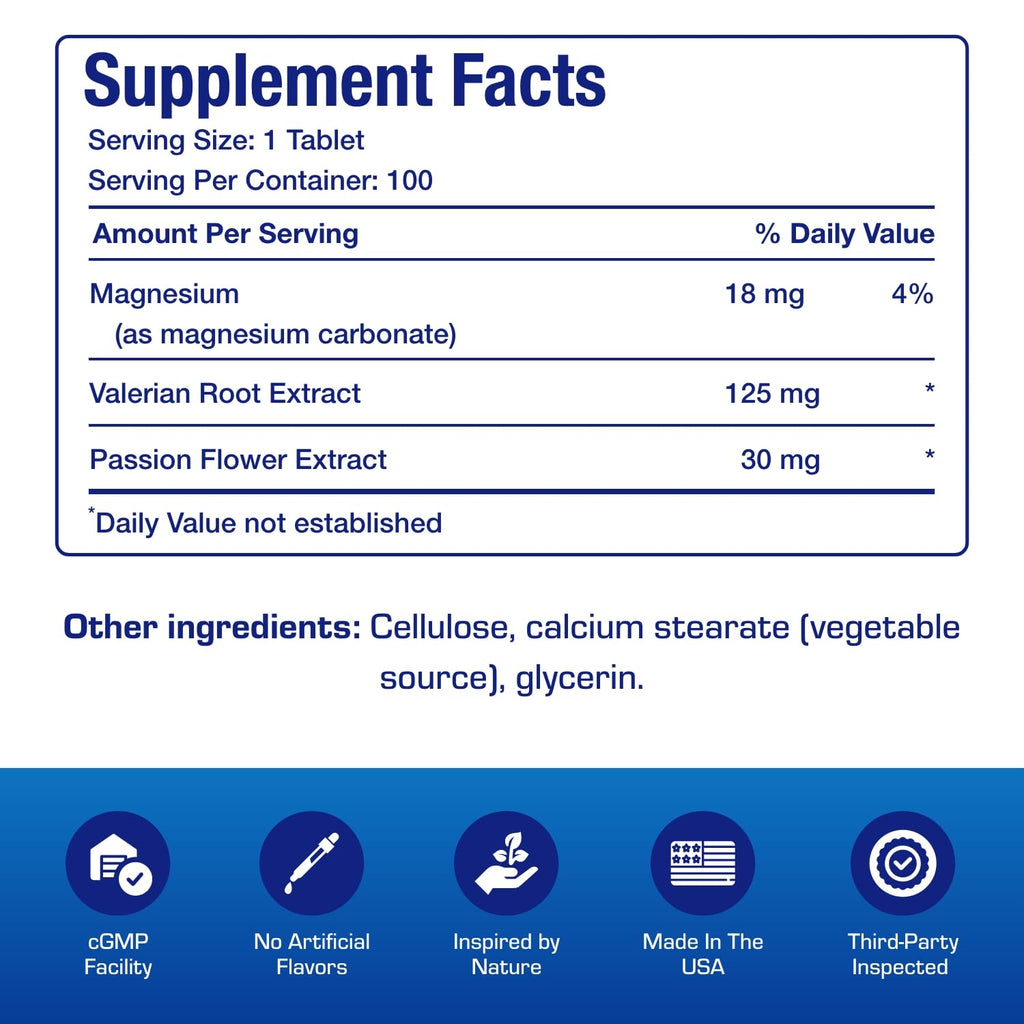 Valerian Root for Sleep and Relaxation - Gentle Magnesium Supplement for Sleep and Mood Support with Passion Flower and Valerian Root Extract - Vegan Non-GMO & Made in the USA - 100 Servings