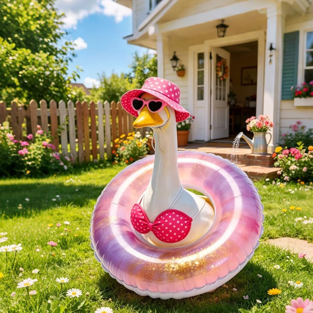 Shilkare Bikini Porch Goose Outfits,Porch Goose Summer Outfits Swimsuit with Hat Sunglasses & Swim Ring,Fit 23'' Lawn Goose Statue for Summer Outdoor Garden Lawn Yard Decor (Swimsuit-Pink)