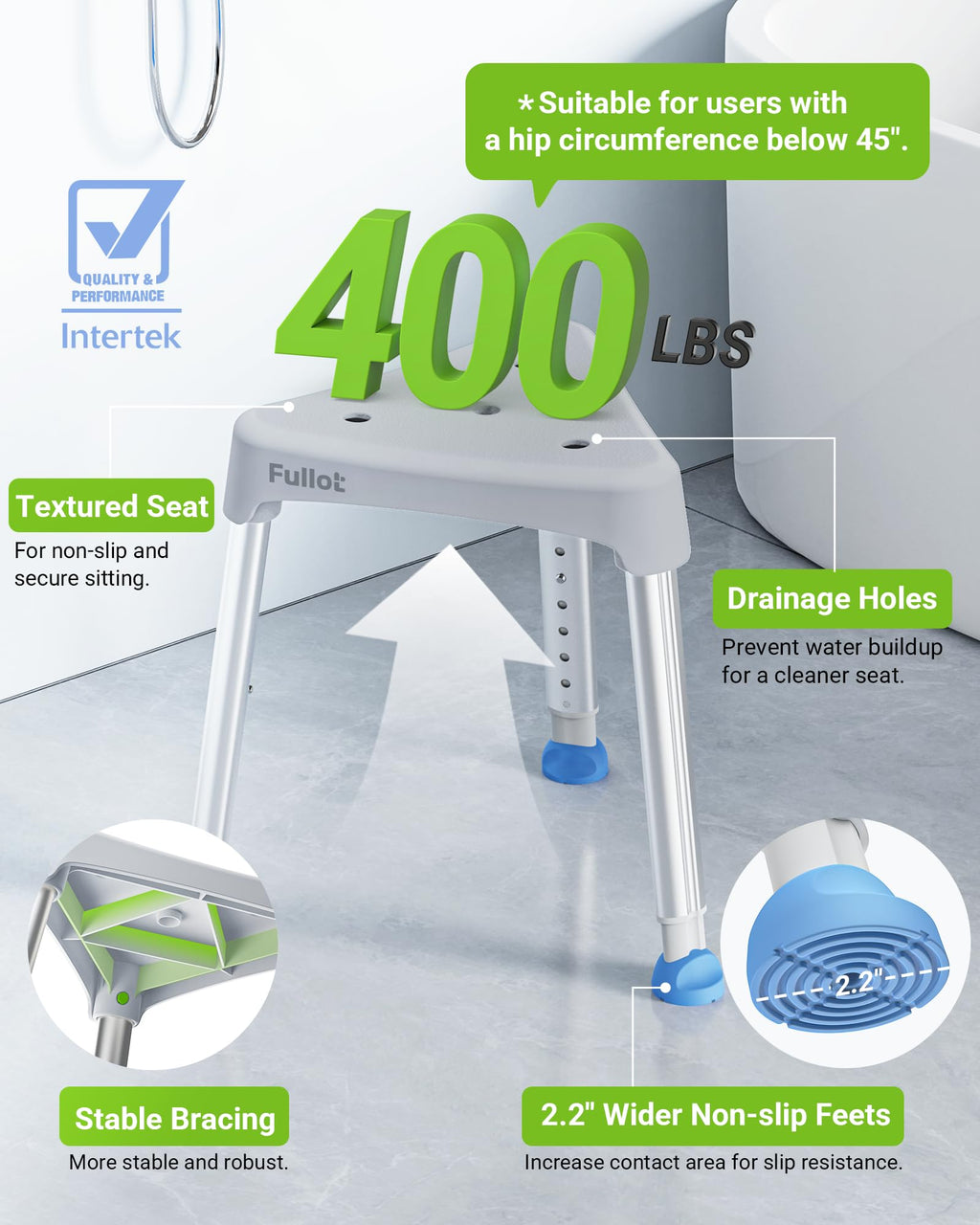 FULLOT Space-Saving Triangular Shower Chair for Elderly and Disabled, 400 lbs Adjustable Shower Stool Seat with Stable-Bracing, Non-Slip Bathtub Chair, Tool-Free Assembly