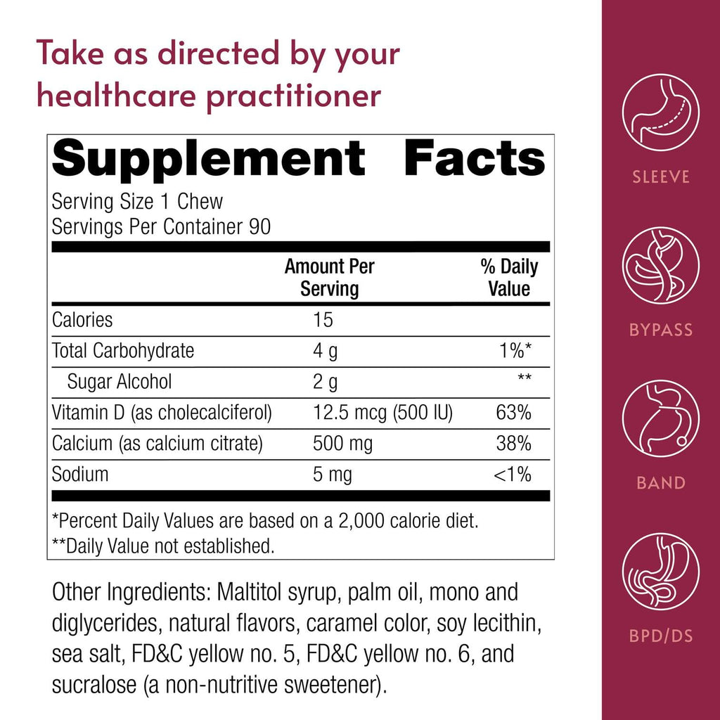 Bariatric Advantage Calcium Citrate Chewy Bites 500 mg - Highly Absorbable & Digestible - Vitamin D3 - Easily Chewable Calcium Supplement - Caramel Flavor - 90 Count
