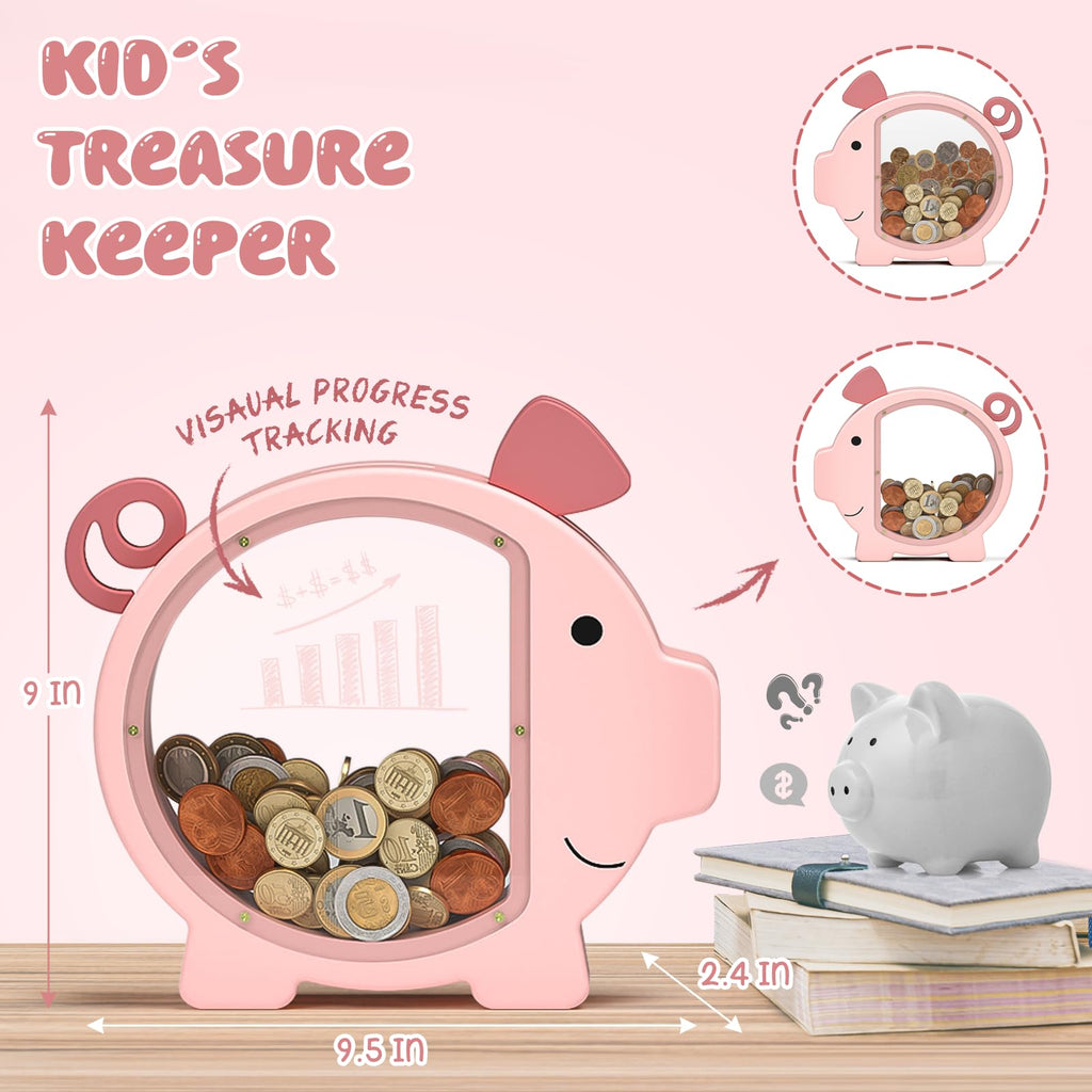 Summidate Pink Piggy Bank for Kids Girls,Large Wooden Pig Money Banks