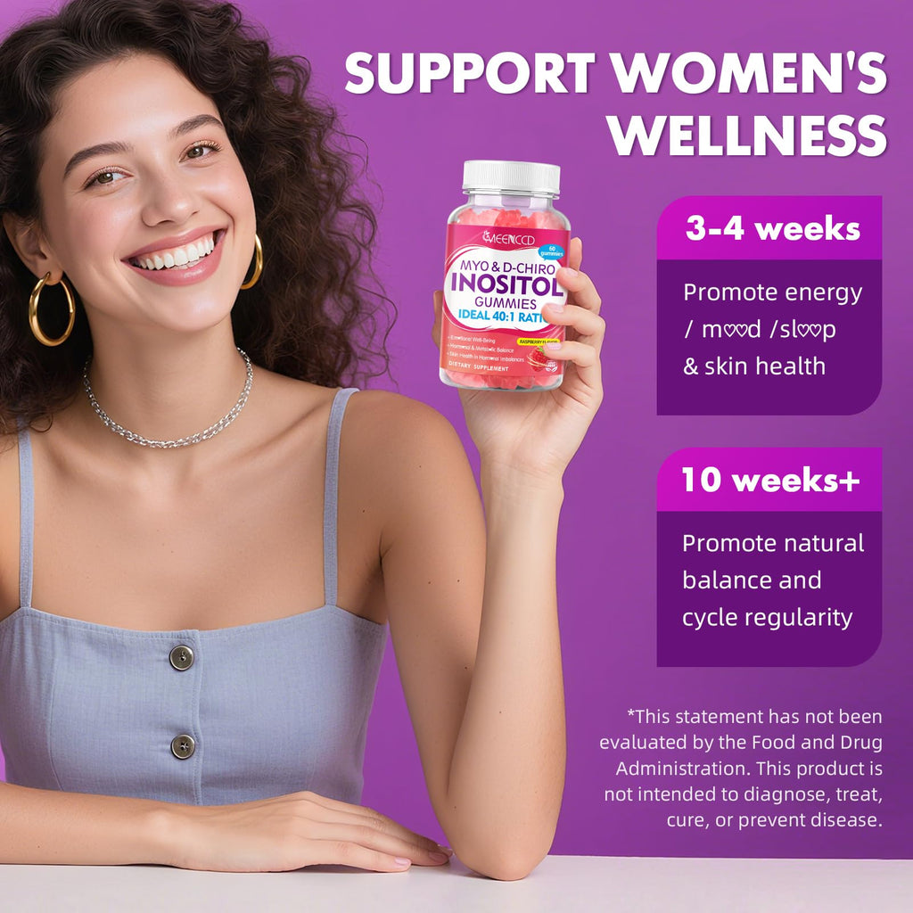 MEENCCD 2 Pack Myo-Inositol & D-Chiro Inositol Gummies, 40:1 Ratio Inositol with Vitamin D3, Magnesium Glycinate, Folate & Zinc, Inositol Supplement for Female Health, Raspberry Flavor, 120 Count