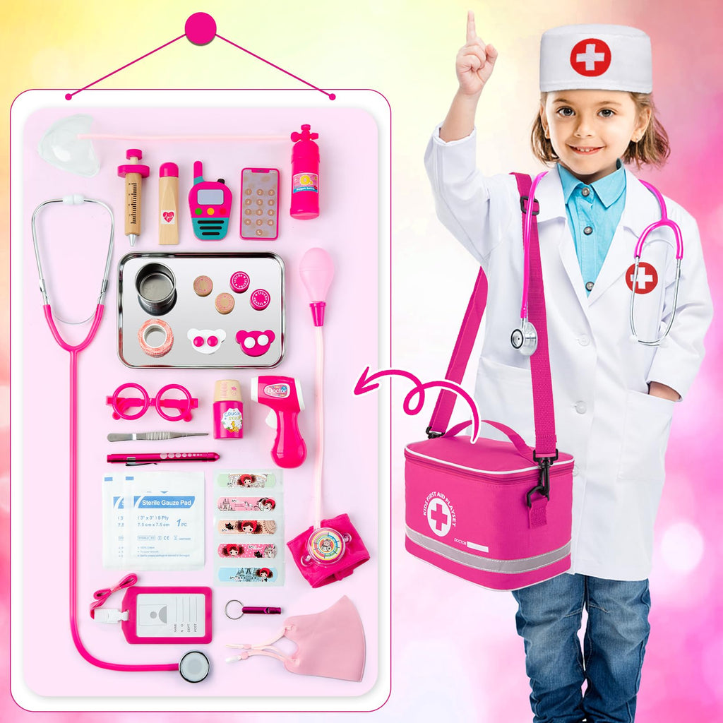 EFO SHM Doctors Set for Kids Age 3+, Kids Medical Kit with Realistic Stethoscope, Wooden Doctor Playset, Costume, Pretend Play Educational Toy Gift