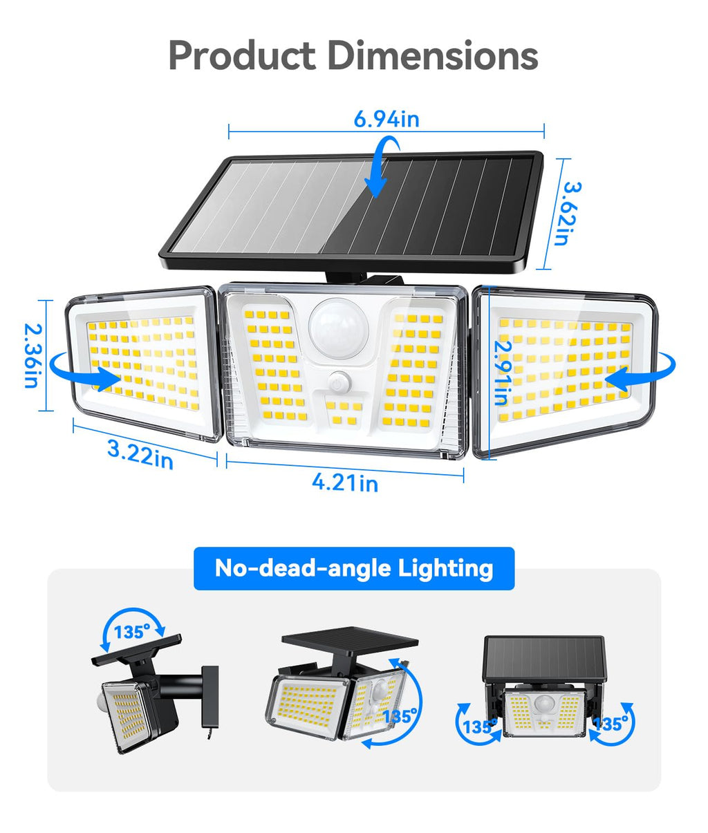 KOOPER Solar Flood Lights, 210 LED Motion Sensor Outdoor Lights, Solar Motion Lights Outdoor Waterproof, 3 Heads 300° Wide Angle Outdoor Security Lights for Yard Patio Garage Entryways, 2 Pack, Black