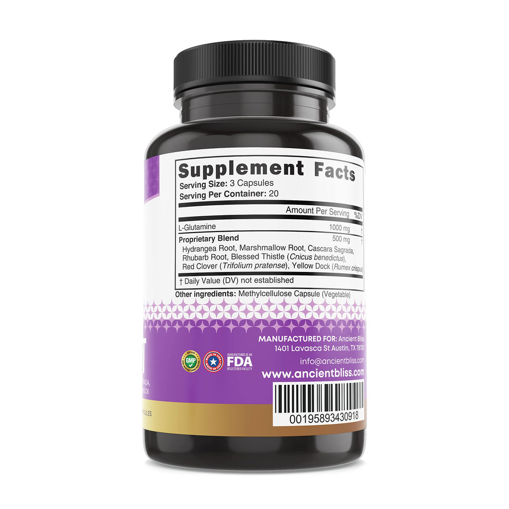 Ancient Bliss Leaky Gut Supplement, L Glutamine Capsules for Gut Support with Blessed Thistle and Hydrangea Root, Vegan and Non-GMO, 60 Capsules