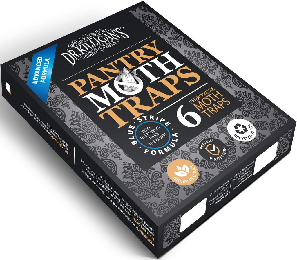 Dr. Killigan's Premium Double Potent Pantry Moth Traps with Pheromones Prime, Sticky Indian Meal Moth Traps for Kitchen, How to Get Rid of Moths in House (6 Pack, Black)