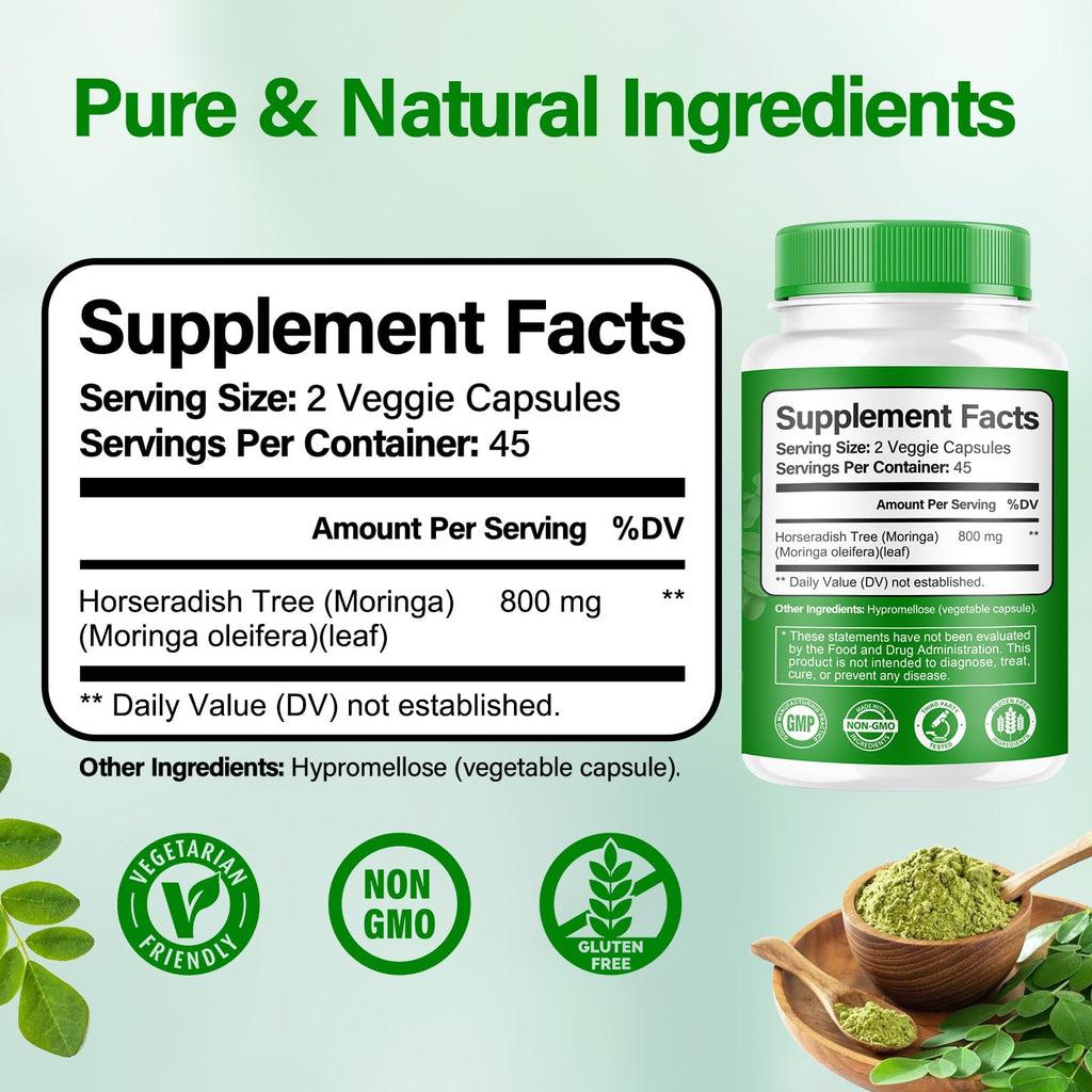Bcuelov Moringa Capsules | 800mg Pure Moringa Powder Capsules – Supports Energy, Skin & Gut Health, Immune System – Green Superfood with Vitamins & Amino Acids (90 Caps)