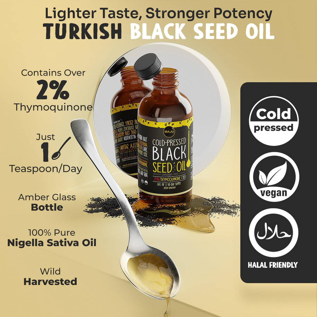 MAJU's Black Seed Oil 16oz: 3X Thymoquinone, Cold Pressed, 100% Turkish Black Cumin Nigella Sativa Seed Oil (Better Than Organic), Non-GMO, 100% Liquid Pure Blackseed, Glass Bottle