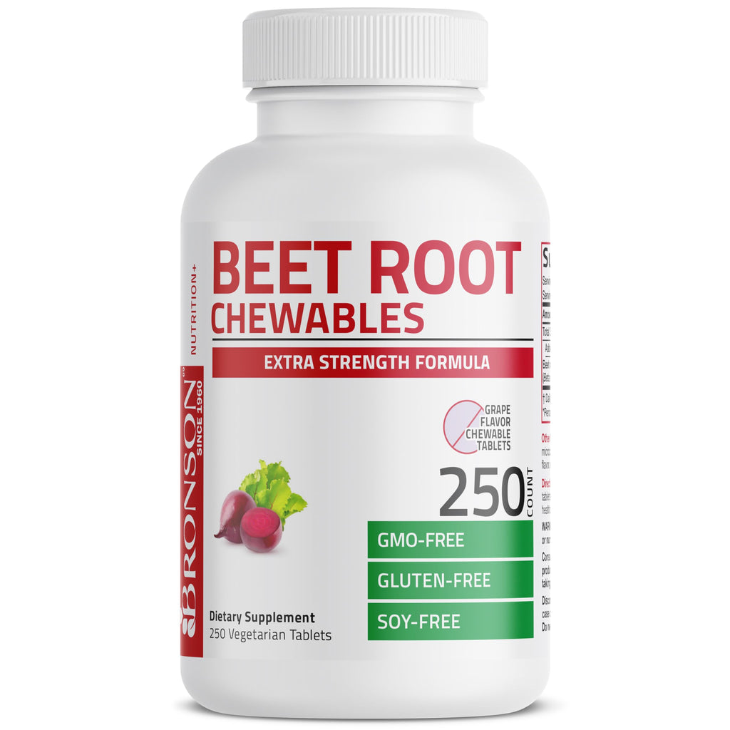 Bronson Beet Root Chewables, Grape Flavored - Extra Strength Per Serving Circulation Support Heart Health & Stamina, Non-GMO, 250 Vegetarian Grape Flavored Chewable Tablets