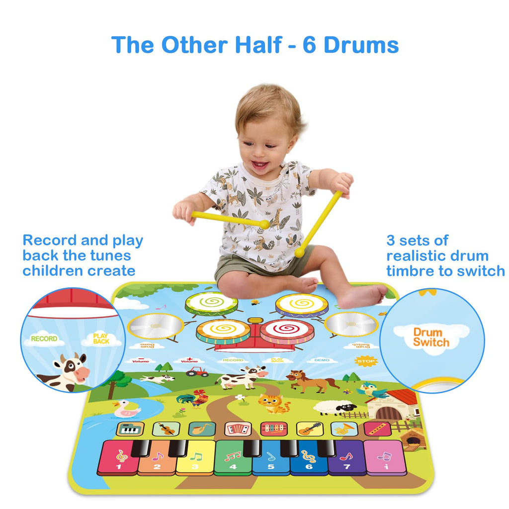 Foki 3-in-1 Musical Mats, Child Floor Piano Drum Animal Music Play Mat Montessori Sensory Early Educational Musical Learning Toys for Baby Girls Boys Birthday Toddlers 1-5 Years Old