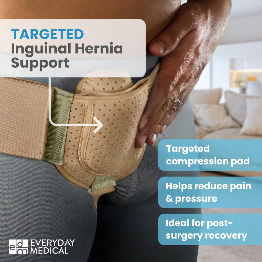 Everyday Medical Inguinal Hernia Support Belt for Men I Fits Left or Right Side I Post Surgery Men and Womens Hernia Support Truss for Inguinal, Groin Hernias I Adjustable Waist Strap I Beige | S/M