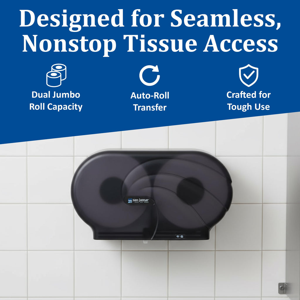 San Jamar Twin 9" Bath Tissue Dispenser – Jumbo Bath Tissue Holder for Bathroom, Infinity System, Black Pearl, 12" × 19" × 5.25"