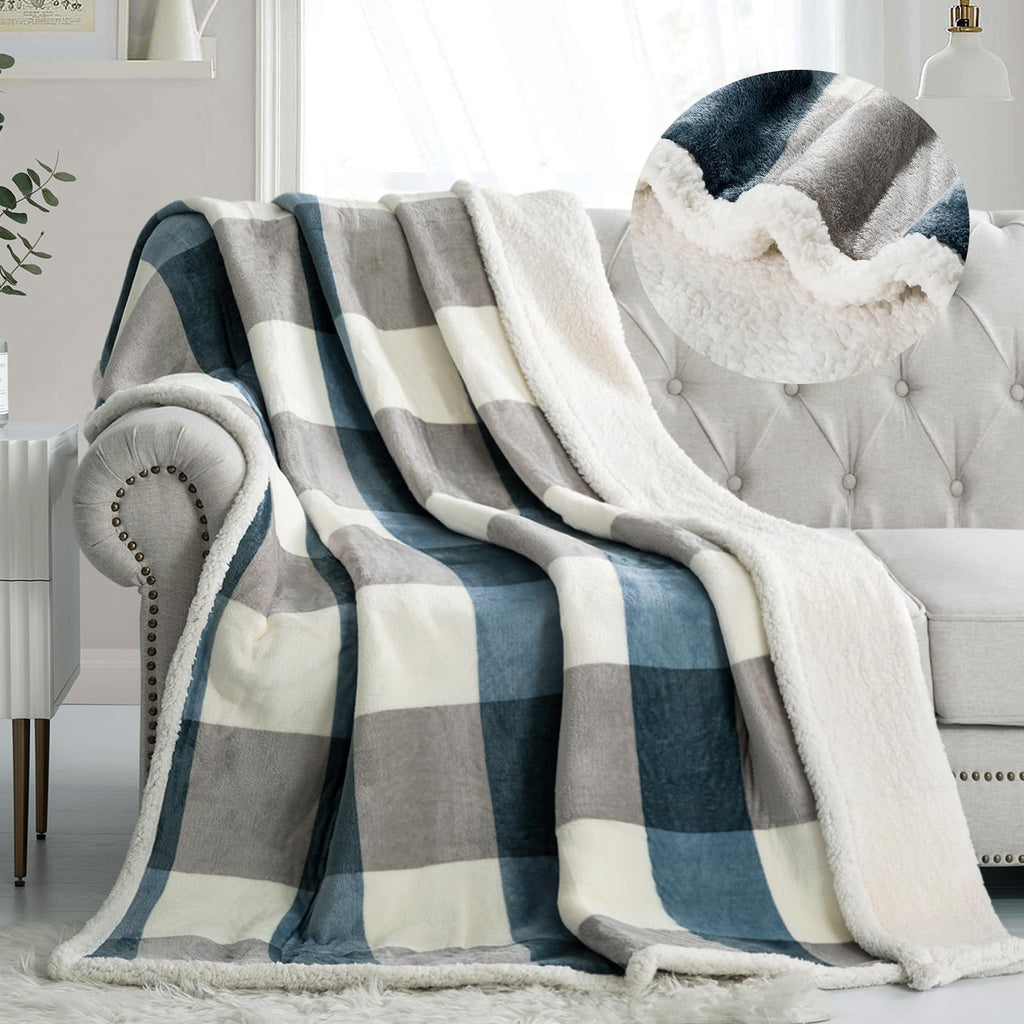 PU MEI Sherpa Fleece Throw Blanket 60" x 80" Reversible Plush Fluffy Large Big Blanket Lattice Flannel Blankets for Sofa Couch Bed (Grey-Soft Blue, 60"*80")
