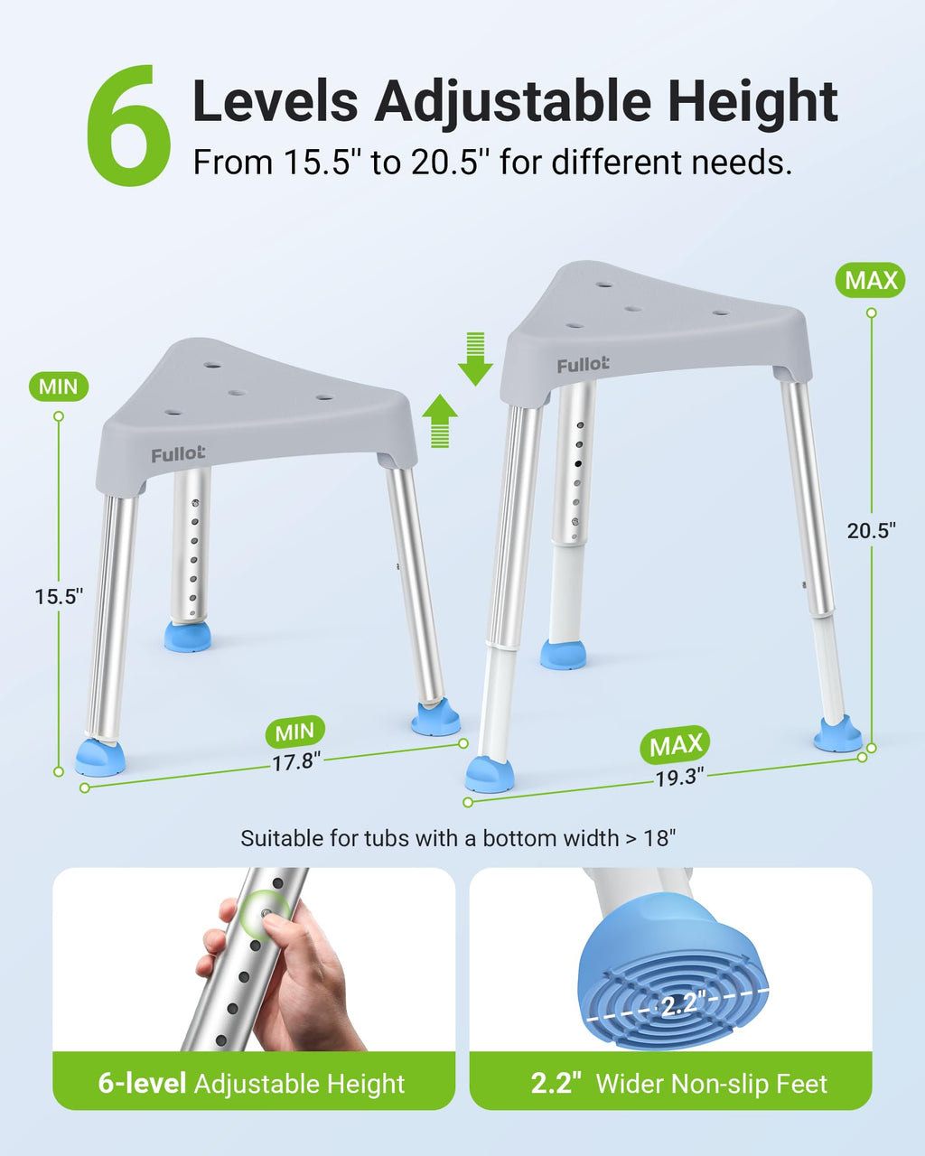 FULLOT Space-Saving Triangular Shower Chair for Elderly and Disabled, 400 lbs Adjustable Shower Stool Seat with Stable-Bracing, Non-Slip Bathtub Chair, Tool-Free Assembly
