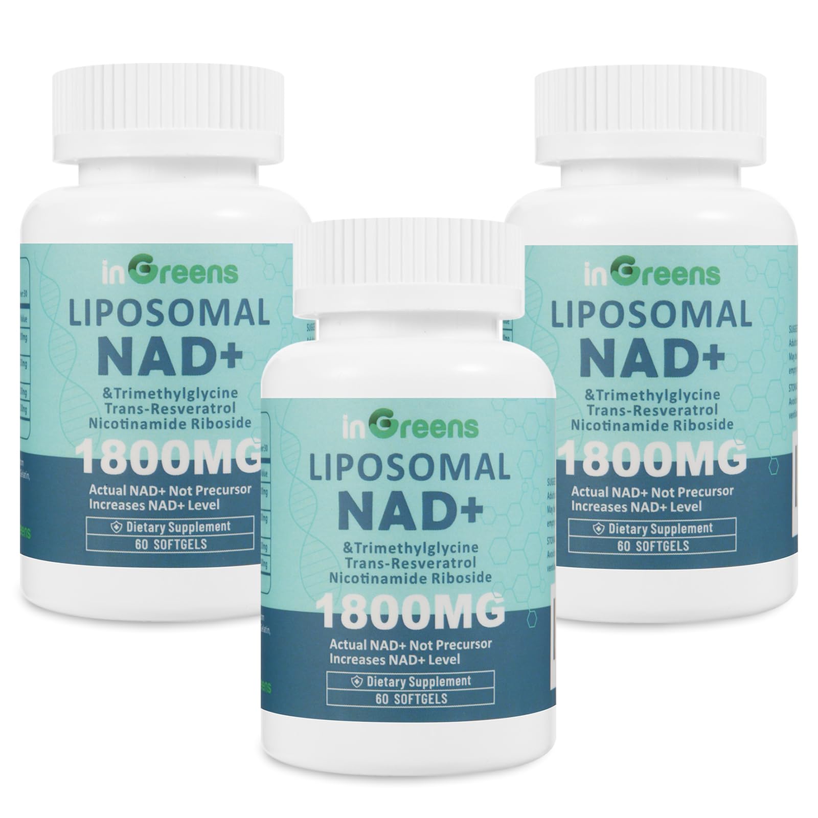 inGreens Liposomal NAD+ Supplement 1800 mg with Nicotinamide Riboside, Trans Resveratrol, Trimethylglycine，Replaces NMN, Boost NAD+, Aging Defense，Cellular Energy, 180 Softgels