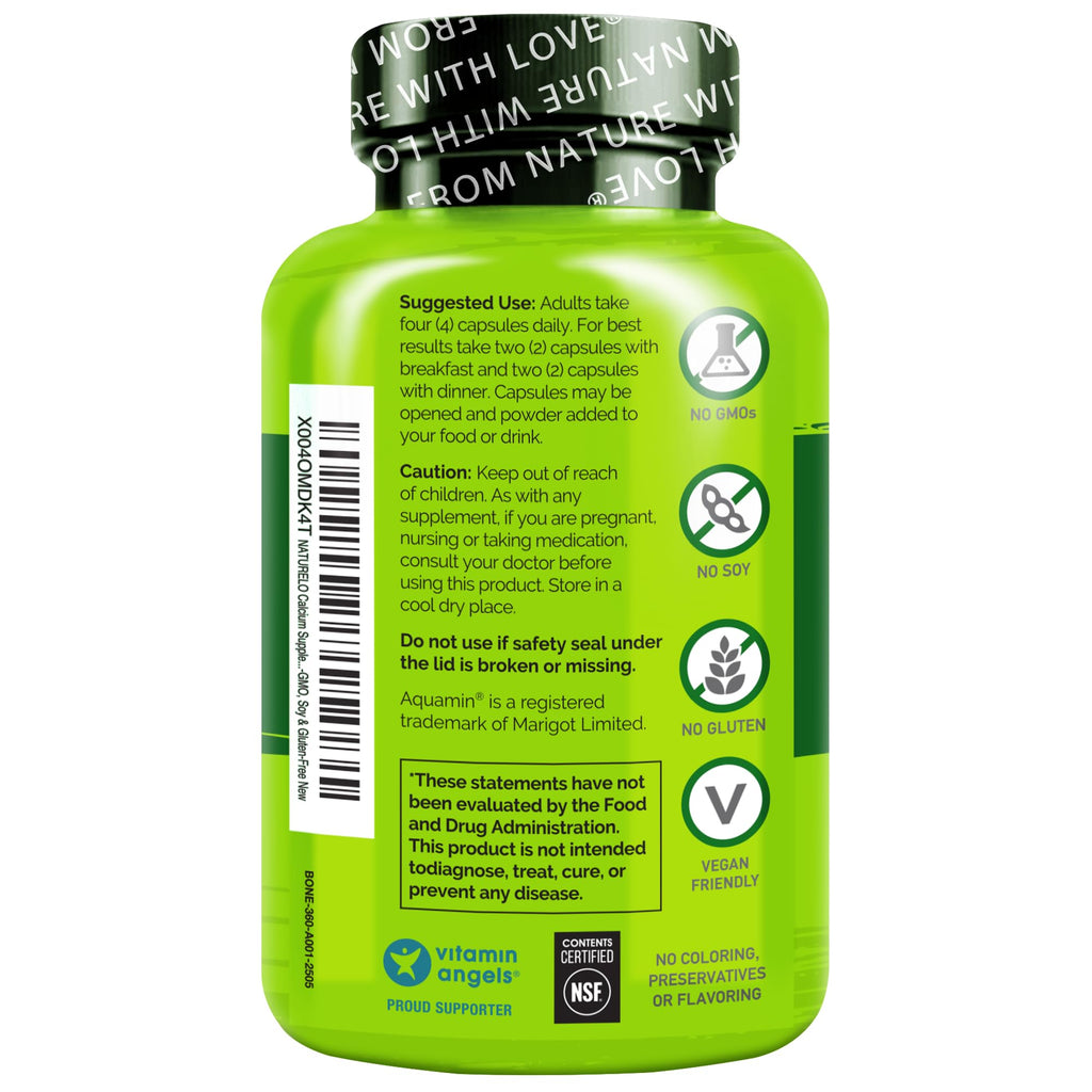 NATURELO Calcium Supplement with Vitamin C, D3, K2, and Magnesium Zinc for Bone Strength, 360 Vegetarian Capsules, with Calcium 600mg, Non-GMO, Plant-Based, Soy & Gluten-Free