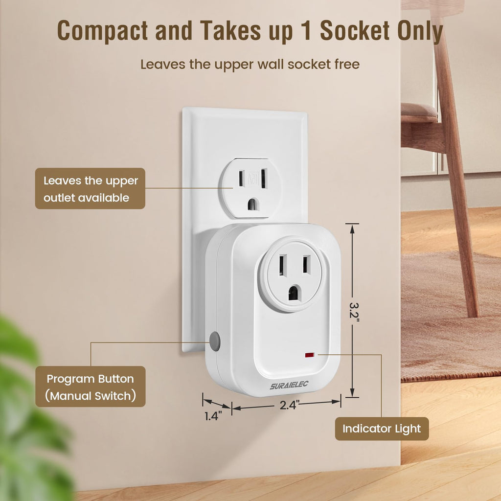 SURAIELEC Wireless Wall Switch Remote Control Outlet, No Wiring Needed, 100ft RF Range, Pre-Programmed, Expandable Remote Light Switch Kit for Plug in Pendant Light, Lamp, Small Electrical Appliance