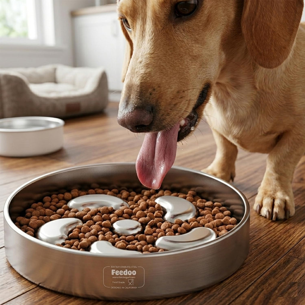 Feedoo Slow Feeder Dog Bowl-2Cups for Medium Breeds, Double Wall Food-Grade Stainless Steel, Heavy Duty with Non-Slip Rubber Base, Puzzle Maze Bowl to Slow Down Eating