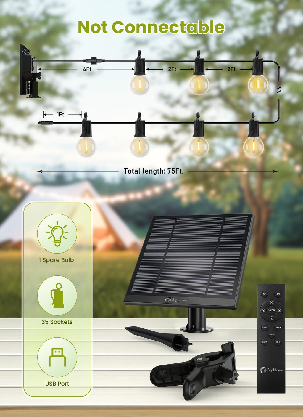 Brightown 75FT Solar String Lights Outdoor Waterproof with Remote, Solar Patio Lights with 35 Shatterproof LED Bulbs, 3 Light Mode, Dimmable & Timer, Hanging String Lights for Porch Garden Bistro